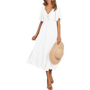 🆕Women White Polyester Casual Summer Dress Bow Tie V Neck Ruffle Midi Flowy